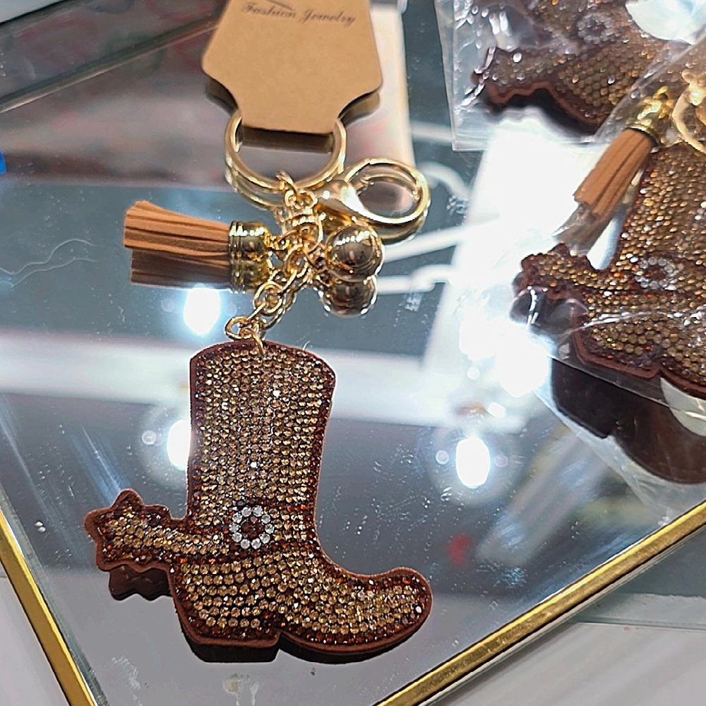 Set of 2 Western Rhinestone Cowboy Boot Keychains with Tassel